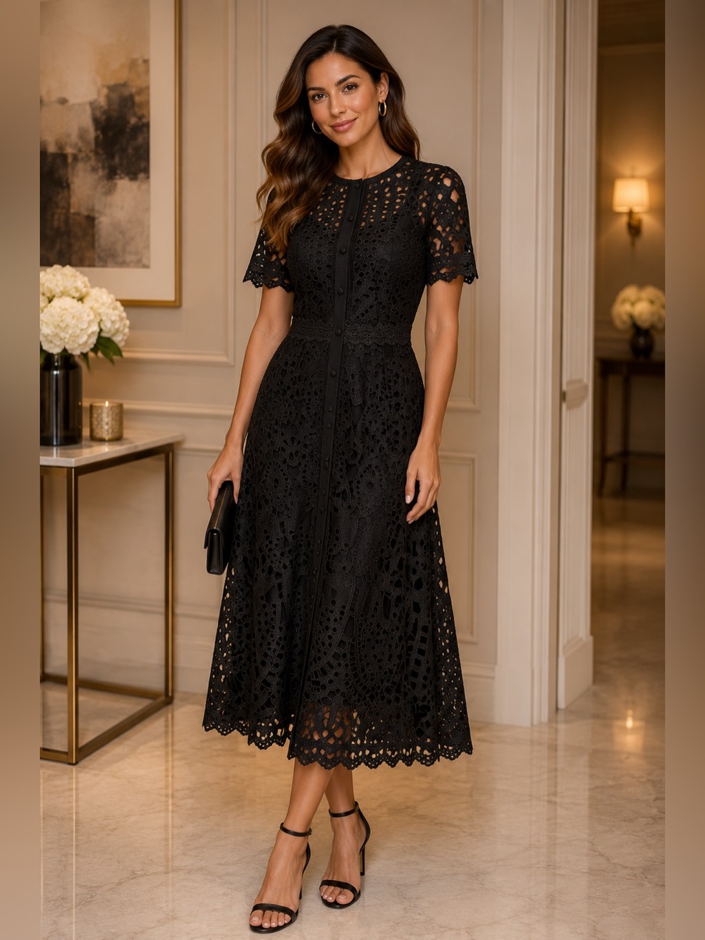 ANTONIO MELANI Elegant Black Lace Midi Dress